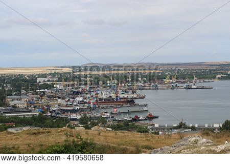 Kerch, Crimea - Jane 24, 2018: View From Mount Mithridates To The Sea Trading Port. Dry Cargo Ship E