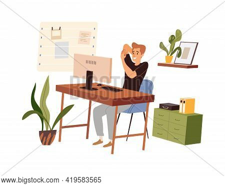 Man Doing Warm-up At The Workplace, Vector Flat Illustration Isolated. Male Practicing Workout In Th