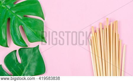 Wheat Straw For Drinking Water With Green Leaves On Pink Background. Zero Waste Concept.