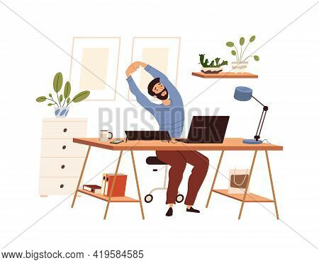 Man Doing Warm-up At The Workplace, Vector Flat Illustration Isolated. Male Practicing Workout In Th