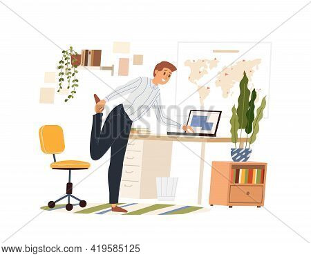 Man Doing Warm-up At The Workplace, Vector Flat Illustration Isolated. Male Practicing Workout In Th