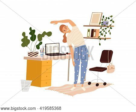 Woman Doing Warm-up At The Workplace, Vector Flat Illustration Isolated. Girl Practicing Workout In 