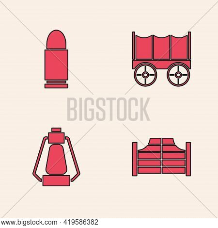 Set Saloon Door, Bullet, Wild West Covered Wagon And Camping Lantern Icon. Vector