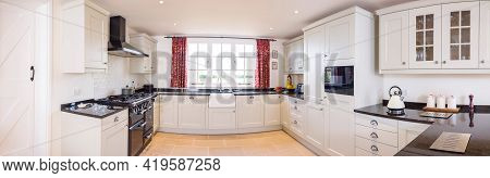 Modular Painted Wood Kitchen, Panoramic Of Modern Uk Farmhouse Kitchen With Neutral Units And Black 