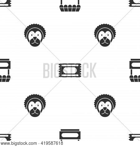 Set Fast Street Food Cart, Circus Ticket And Wild Lion On Seamless Pattern. Vector