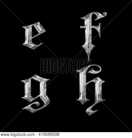 3D rendering of old Gothic metal lowercase alphabet - letters e-h