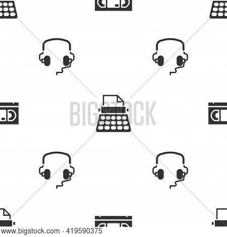 Set Vhs Video Cassette Tape, Retro Typewriter And Headphones On Seamless Pattern. Vector