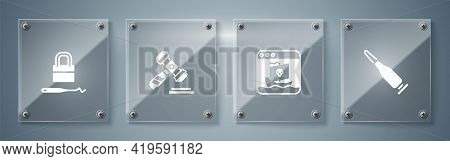 Set Bullet, Internet Piracy, Judge Gavel And Lock Picks For Lock Picking. Square Glass Panels. Vecto