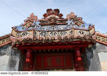 Hoi An, Vietnam, May 6, 2021: Colorful Decoration On One Of The Doors Of The Ba Mu Temple Gate In Ho