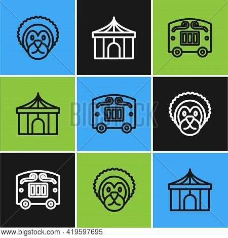 Set Line Wild Lion, Circus Wagon And Tent Icon. Vector