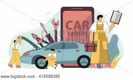 Online Car Service. Application For Car Service And Repair. Fulltime Service. Repairmen With Tools A