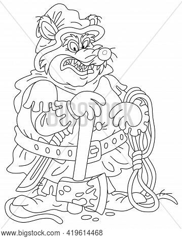 Malicious And Pitiless Fat Rat Executioner With An Ax And A Rope Preparing For Penalty, Black And Wh