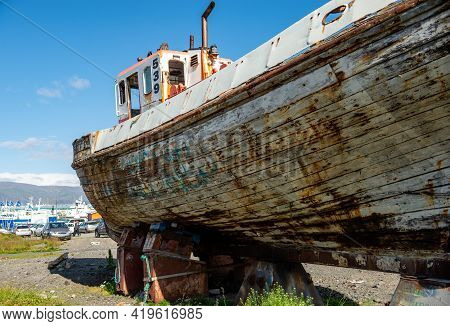 Reyklavik, Iceland - July 28, 2017: An Old Fishing Boat In A Dry Dock For Maintenance And Repair