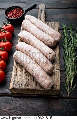 Traditional Mest Sausages, On Old Dark Wooden Background.