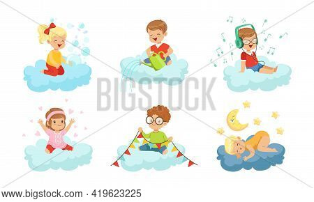 Little Kids On Soft Clouds Sleeping And Listening To Music Vector Set