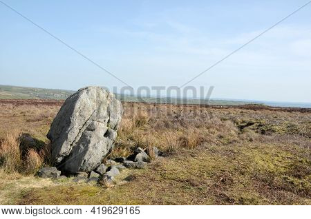 Large Old Boulder Or Standing Stone On Midgley Moor In West Yorkshire Known As Robin Hoods Penny Sto