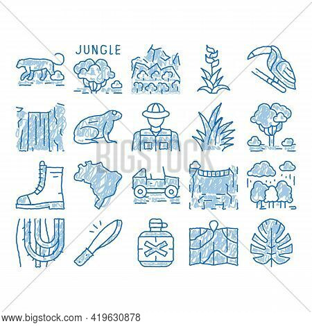 Jungle Tropical Forest Sketch Icon Vector. Hand Drawn Blue Doodle Line Art Jungle Tree And Animal, W