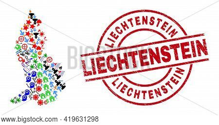 Liechtenstein Map Mosaic And Liechtenstein Red Round Stamp Imitation. Liechtenstein Stamp Uses Vecto