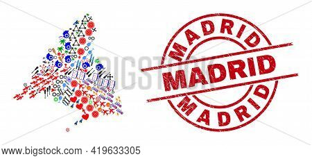 Madrid Province Map Mosaic And Rubber Madrid Red Circle Stamp Imitation. Madrid Stamp Uses Vector Li