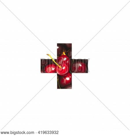 Plus Summation Sign Or Cross Of Red Cherries And Cut Paper Isolated On White. Typeface Made Of Sweet