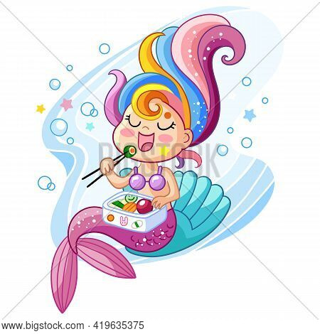 Cute Kawaii Mermaid Character Sitting On A Shell And Eating Sushi. Vector Cartoon Isolated Illustrat