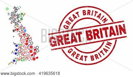 Great Britain Map Mosaic And Unclean Great Britain Red Circle Stamp Seal. Great Britain Seal Uses Ve