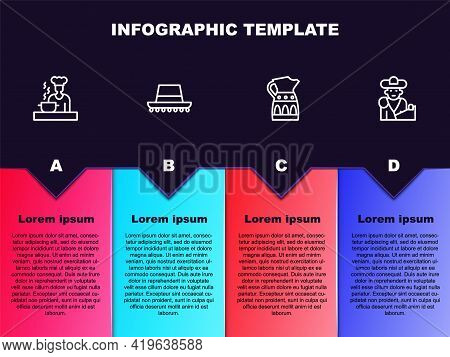 Set Line Spanish Cook, Hat, Sangria Pitcher And Bullfight, Matador. Business Infographic Template. V