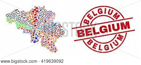 Belgium Map Collage And Belgium Red Circle Badge. Belgium Badge Uses Vector Lines And Arcs. Belgium 