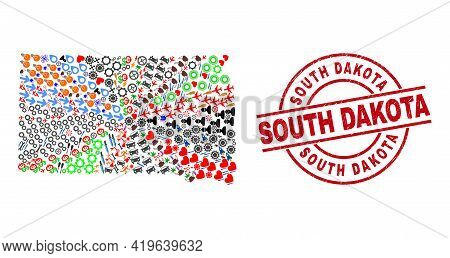 South Dakota State Map Collage And Dirty South Dakota Red Circle Stamp. South Dakota Badge Uses Vect