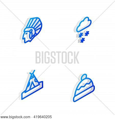 Set Isometric Line Cloud With Snow, Native American Indian, Teepee Or Wigwam And Beanie Hat Icon. Ve