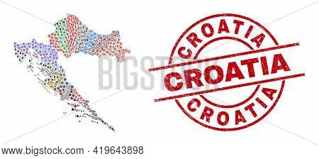 Croatia Map Mosaic And Dirty Croatia Red Round Stamp. Croatia Stamp Uses Vector Lines And Arcs. Croa