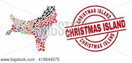 Christmas Island Map Collage And Christmas Island Red Circle Stamp. Christmas Island Seal Uses Vecto