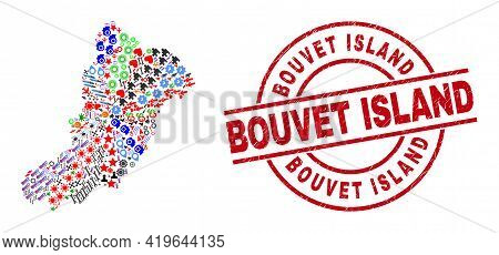La Graciosa Island Map Mosaic And Rubber Bouvet Island Red Round Stamp Seal. Bouvet Island Stamp Use