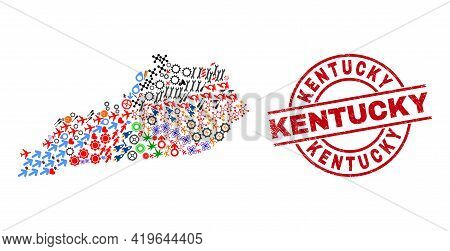 Kentucky State Map Collage And Scratched Kentucky Red Round Stamp Seal. Kentucky Badge Uses Vector L