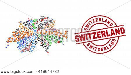 Switzerland Map Mosaic And Scratched Switzerland Red Circle Stamp Imitation. Switzerland Stamp Uses 