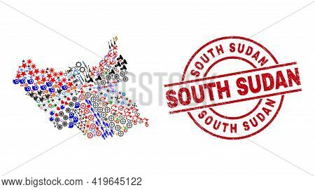 South Sudan Map Collage And South Sudan Red Round Stamp Seal. South Sudan Stamp Uses Vector Lines An