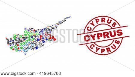 Cyprus Map Mosaic And Rubber Cyprus Red Circle Stamp Seal. Cyprus Seal Uses Vector Lines And Arcs. C