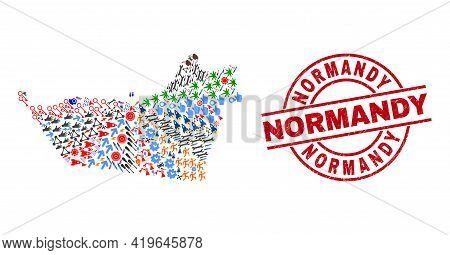 Abu Dhabi Emirate Map Collage And Grunge Normandy Red Round Badge. Normandy Seal Uses Vector Lines A