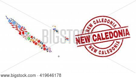 New Caledonia Islands Map Mosaic And Dirty New Caledonia Red Circle Stamp Seal. New Caledonia Stamp 