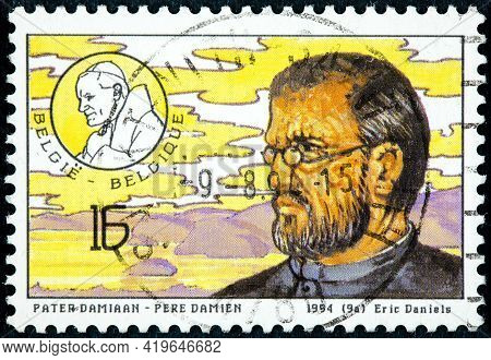 Belgium-circa 1994: Stamp Printed By Belgium, Shows Father Joseph Damien Dedicated His Life To Carin