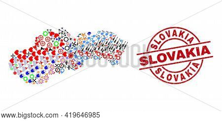 Slovakia Map Collage And Distress Slovakia Red Round Badge. Slovakia Seal Uses Vector Lines And Arcs