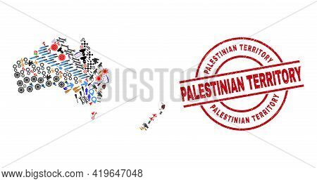 Australia And New Zealand Map Collage And Unclean Palestinian Territory Red Round Stamp Print. Pales