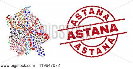 Pavlodar Region Map Collage And Rubber Astana Red Circle Badge. Astana Seal Uses Vector Lines And Ar