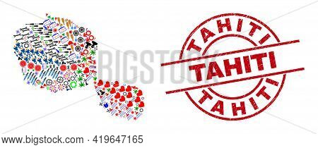 Tahiti Island Map Mosaic And Unclean Tahiti Red Round Stamp Imitation. Tahiti Stamp Uses Vector Line