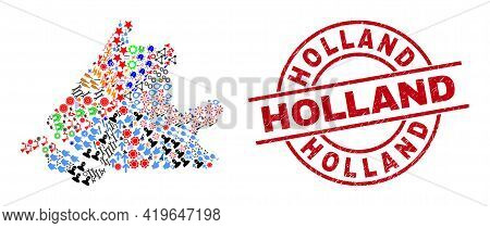 South Holland Map Collage And Grunge Holland Red Circle Watermark. Holland Badge Uses Vector Lines A