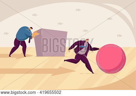 Two Businessmen Pushing Abstract Figures Towards Goal. Flat Vector Illustration. Men Competing, Tryi
