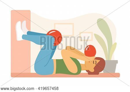 Postural Restoration. Physical Therapy. Girl Inflates Balloon Lying On Floor. Ball Between Knees. Re