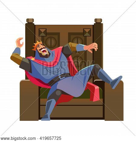 King Laughing On The Throne. Cartoon King Character, Wearing Crown And Mantle, Cartoon Vector Illust