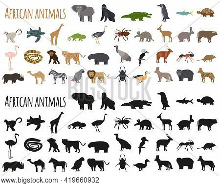 Set Of African Animals In Flat Style And Silhouettes. Vector Illustration Of Cartoon Cute Animal Cha