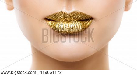 Golden Lips Make Up Close Up. Gold Beauty Woman Glitter Lipstick Gloss Makeup. Luxury Face Cosmetic
